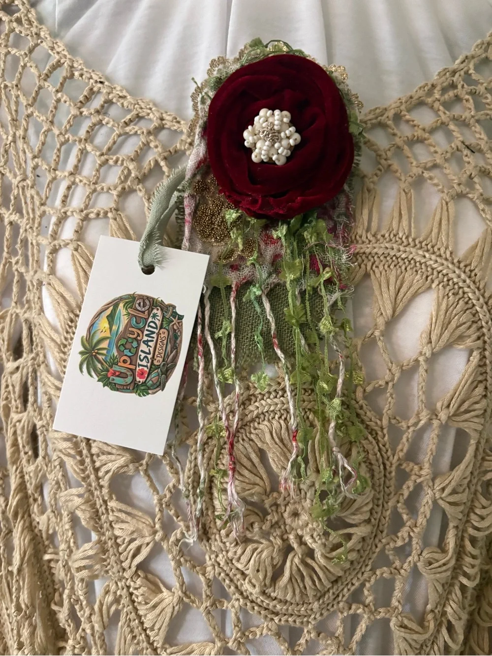Upcycled Island Red Velvet Floral Brooch Jabot Necklace Choker